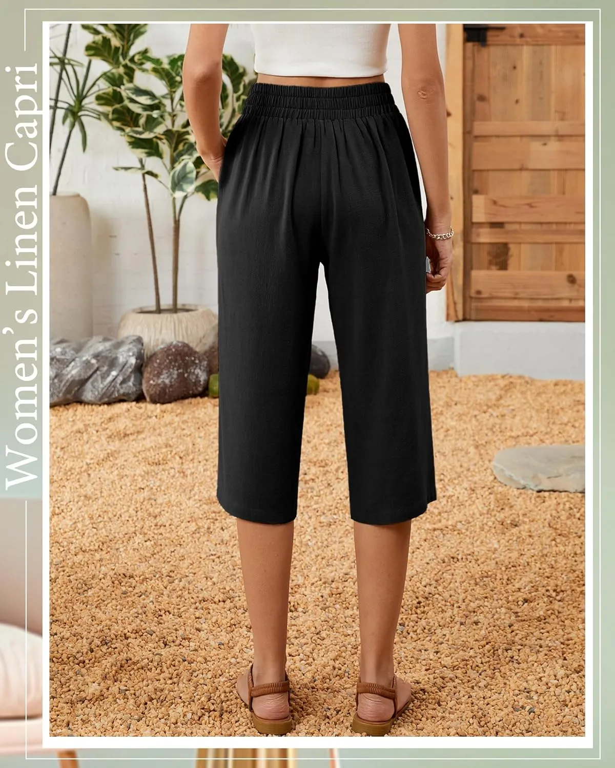 2 Pack Women's Linen Capri Pants Wide Leg Cropped Palazzo Trousers with Pockets High Waist Beach Summer Casual Pants