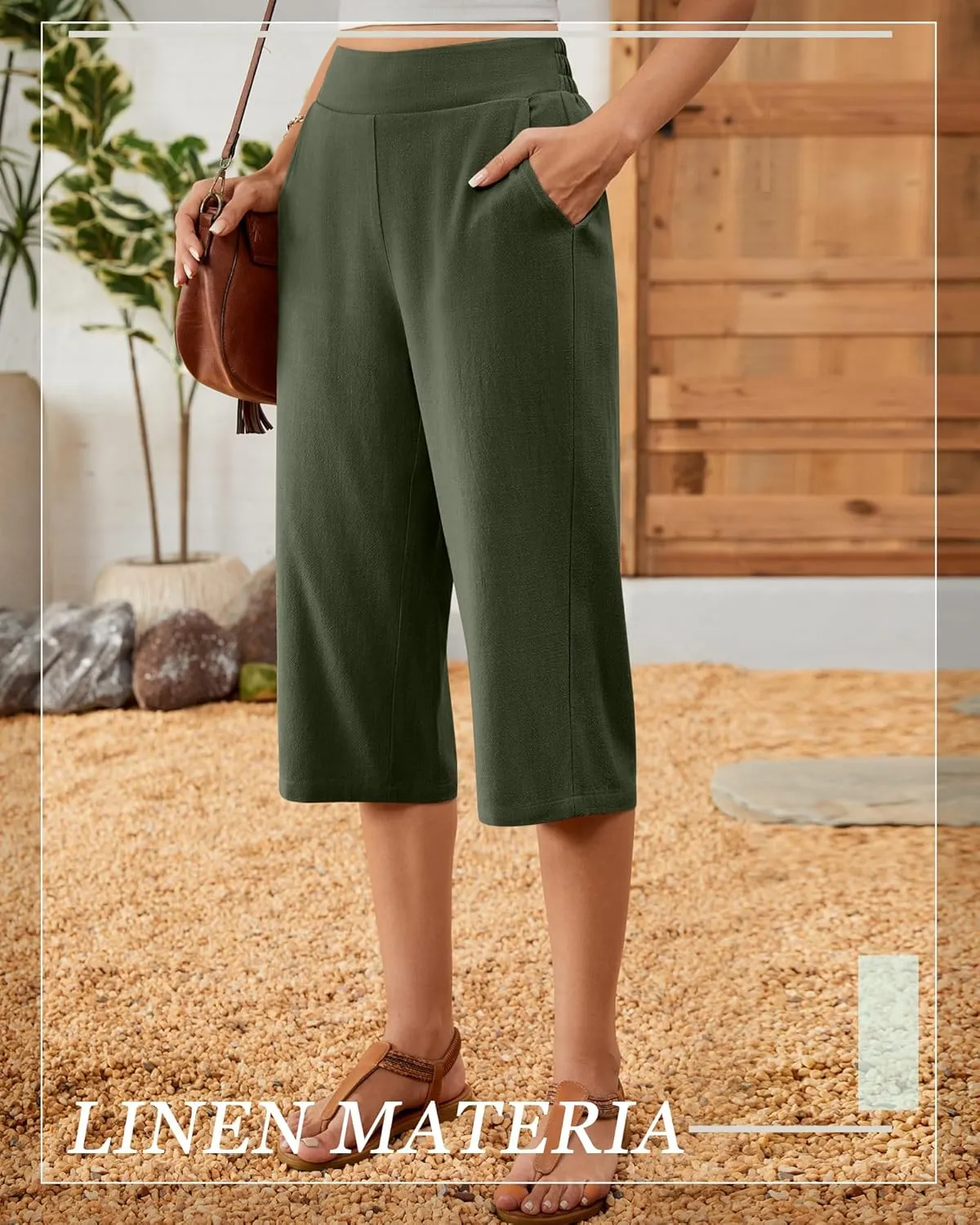 2 Pack Women's Linen Capri Pants Wide Leg Cropped Palazzo Trousers with Pockets High Waist Beach Summer Casual Pants