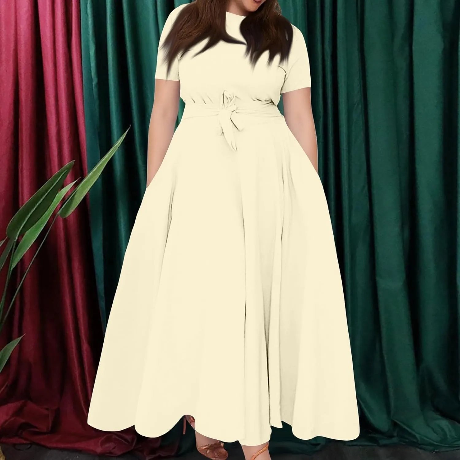 ADHOWBEW Summer Dresses for Women 2025 Wedding Guest Tie High Waist Short Sleeve Midi Solid Plus Size Dress