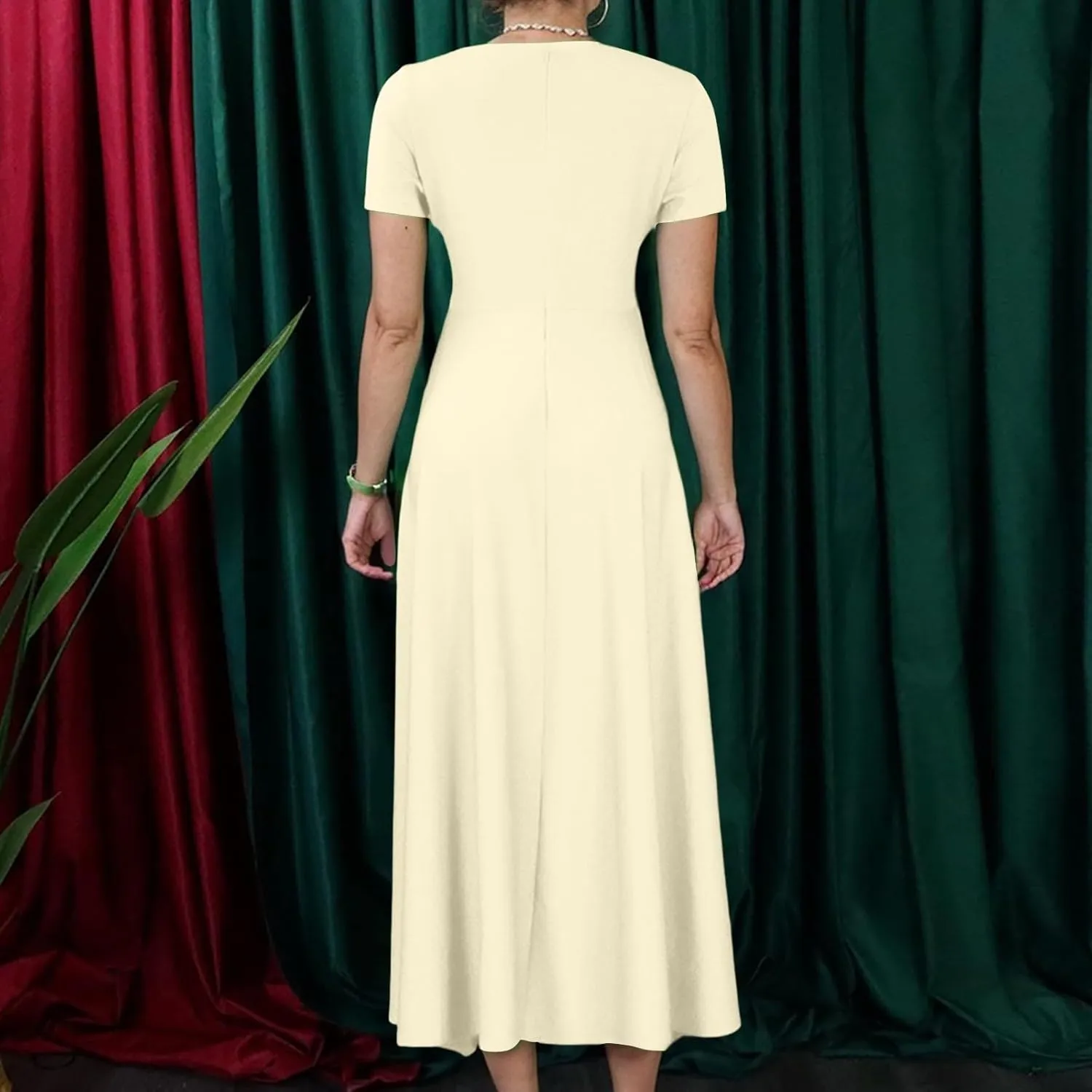 ADHOWBEW Summer Dresses for Women 2025 Wedding Guest Tie High Waist Short Sleeve Midi Solid Plus Size Dress