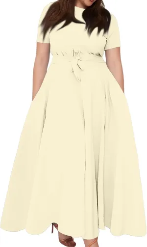 ADHOWBEW Summer Dresses for Women 2025 Wedding Guest Tie High Waist Short Sleeve Midi Solid Plus Size Dress