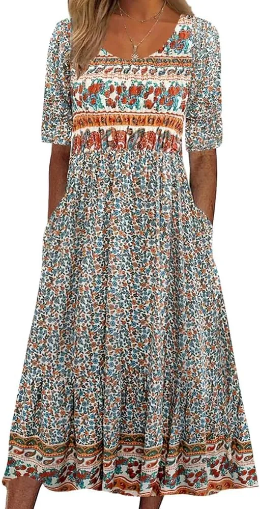 Akivide Women's Boho Summer Crewneck Floral Print Midi Tshirt Dress Casual Loose Short Sleeve Beach Dresses with Pockets