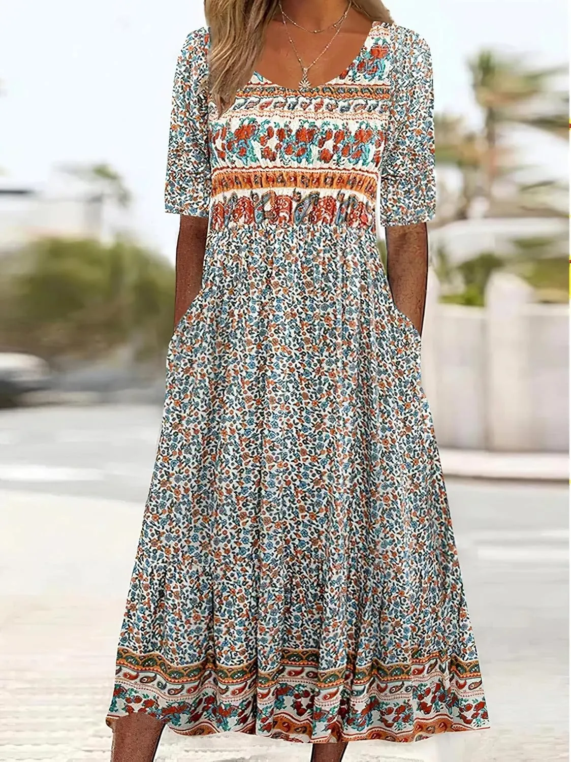Akivide Women's Boho Summer Crewneck Floral Print Midi Tshirt Dress Casual Loose Short Sleeve Beach Dresses with Pockets