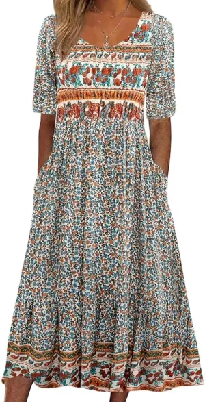 Akivide Women's Boho Summer Crewneck Floral Print Midi Tshirt Dress Casual Loose Short Sleeve Beach Dresses with Pockets