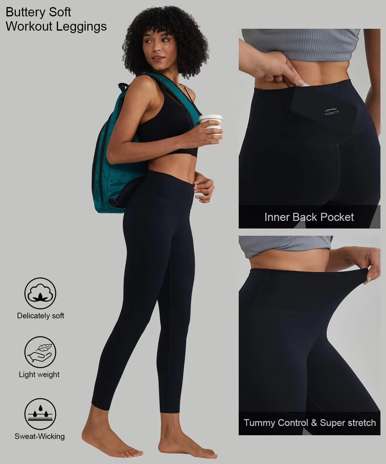 ALONG FIT High Waisted Leggings with Pockets, Tummy Control Workout Leggings for Women 25 Soft Yoga Pants Gym Sport Lounge