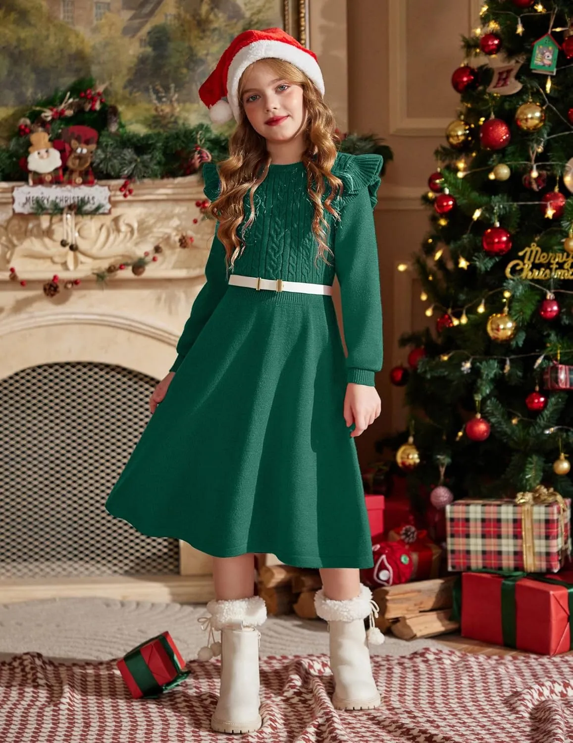 Arshiner Girls Sweater Dress Fall Winter Lantern Long Sleeve Cable Knit Pullover Midi Dresses