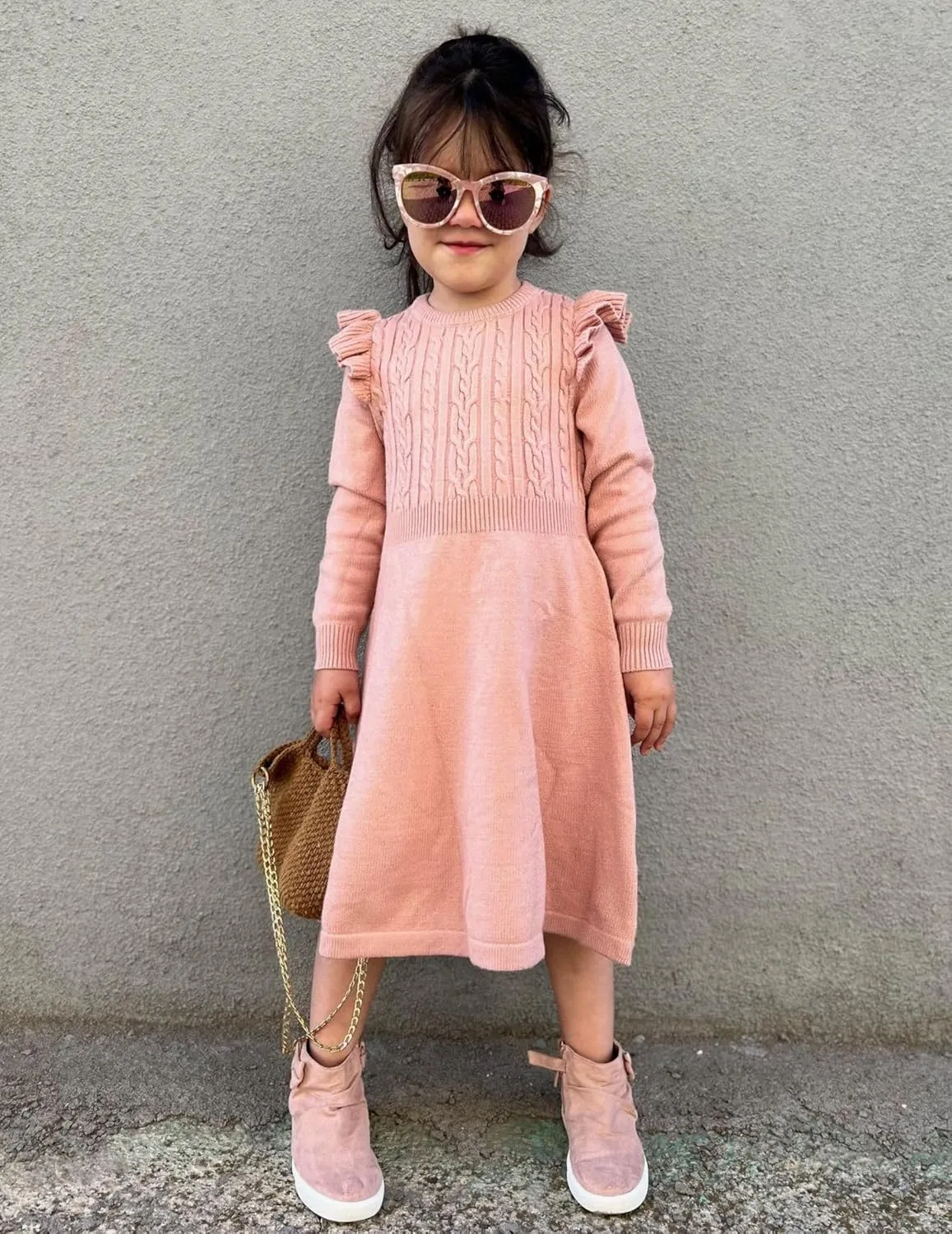 Arshiner Girls Sweater Dress Fall Winter Lantern Long Sleeve Cable Knit Pullover Midi Dresses