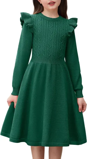 Arshiner Girls Sweater Dress Fall Winter Lantern Long Sleeve Cable Knit Pullover Midi Dresses
