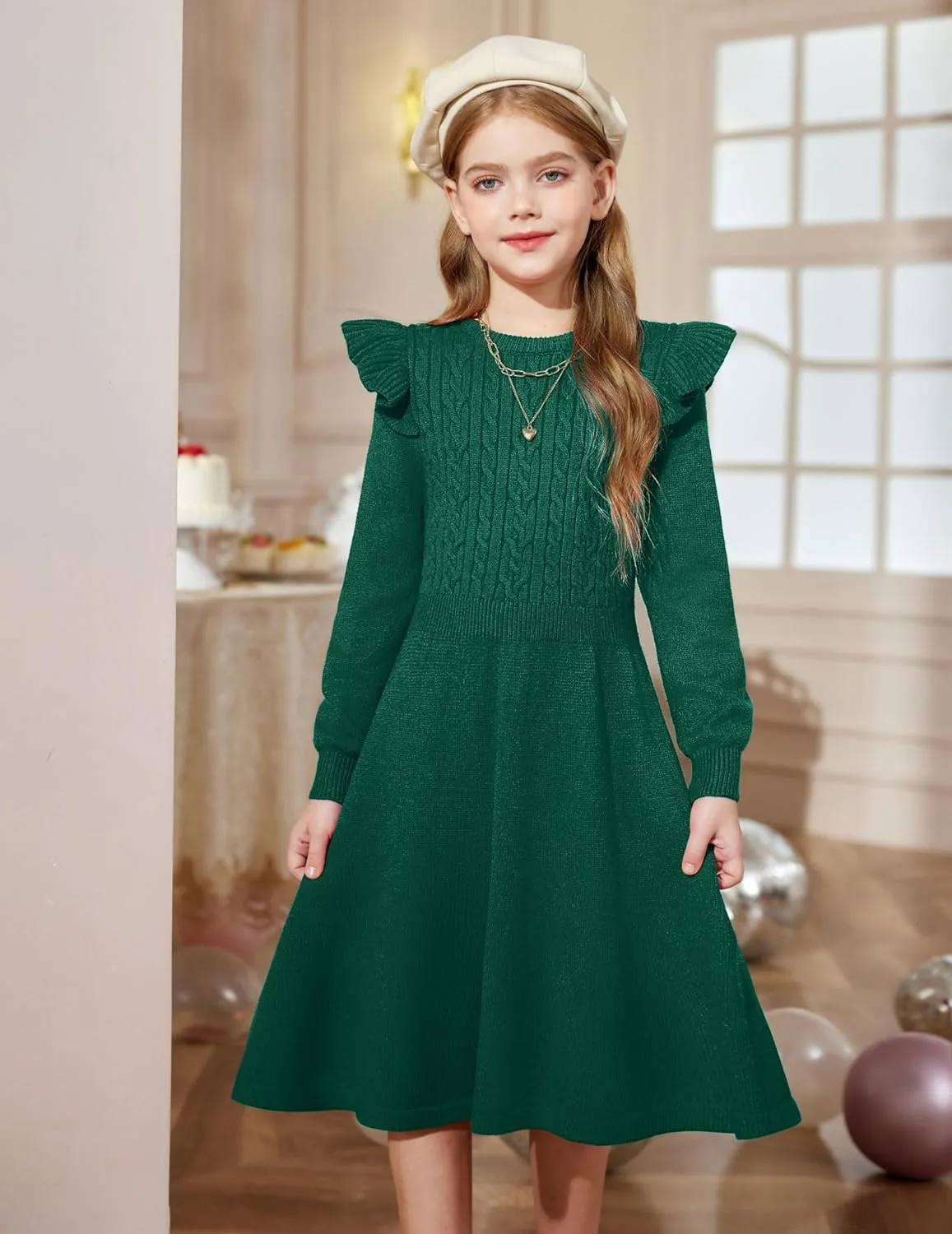 Arshiner Girls Sweater Dress Fall Winter Lantern Long Sleeve Cable Knit Pullover Midi Dresses