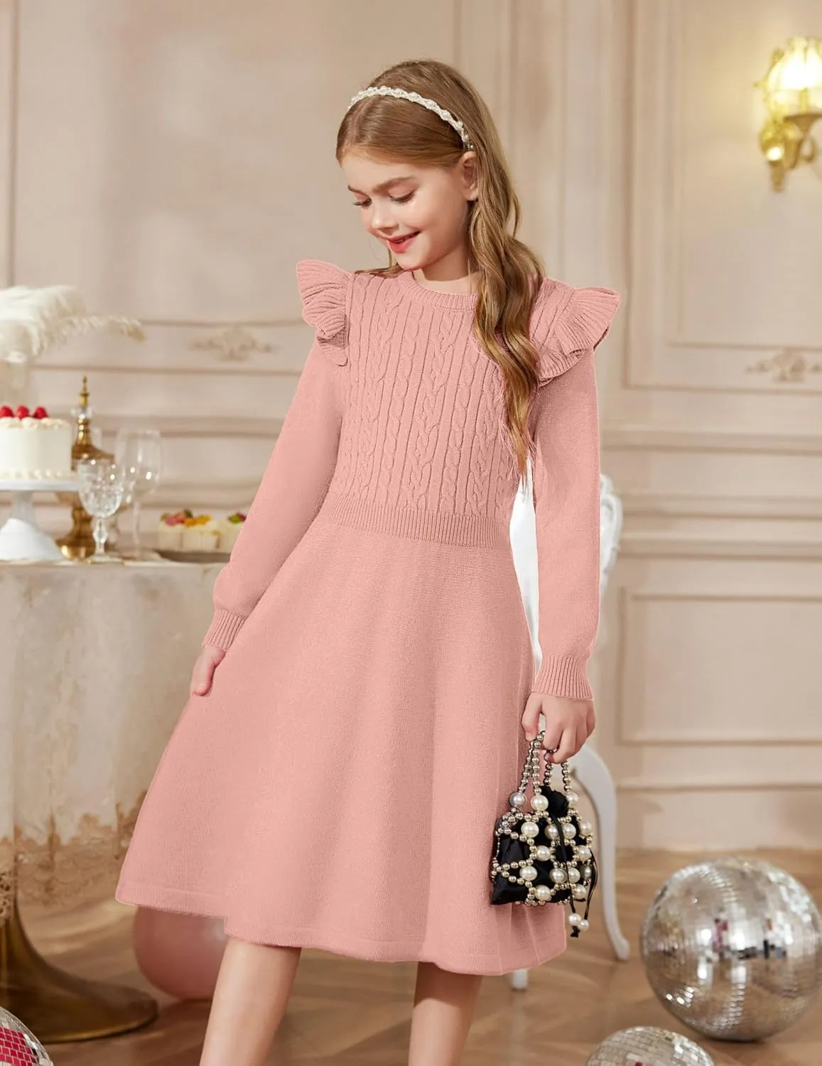 Arshiner Girls Sweater Dress Fall Winter Lantern Long Sleeve Cable Knit Pullover Midi Dresses