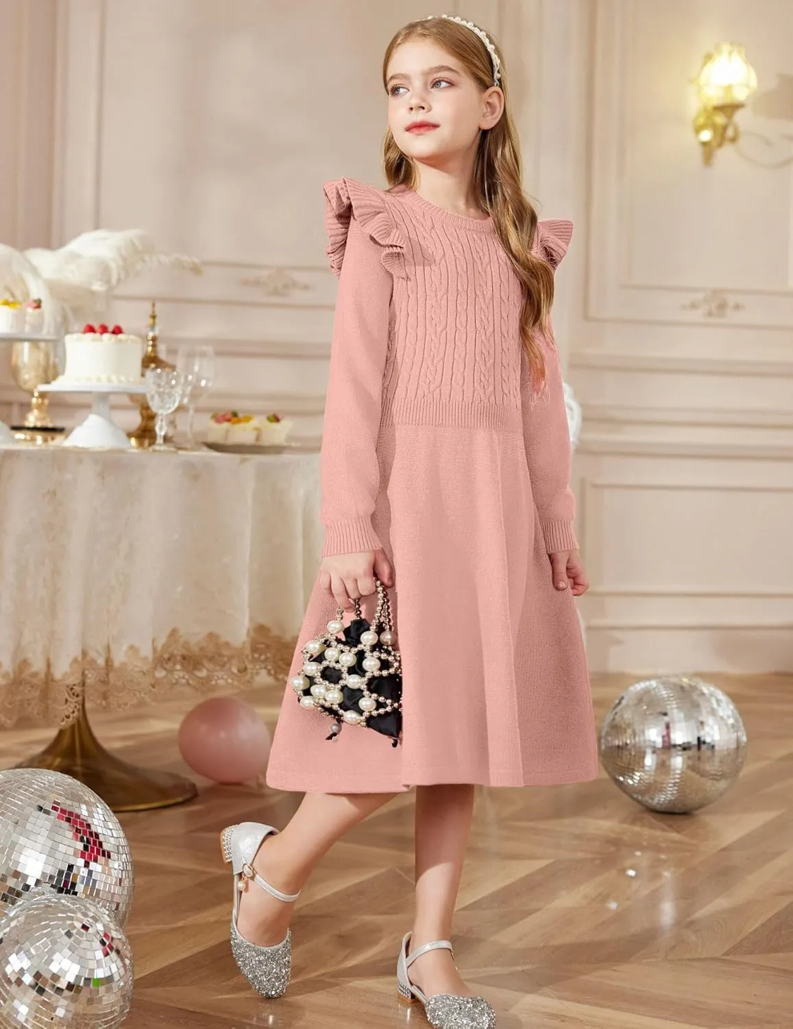 Arshiner Girls Sweater Dress Fall Winter Lantern Long Sleeve Cable Knit Pullover Midi Dresses