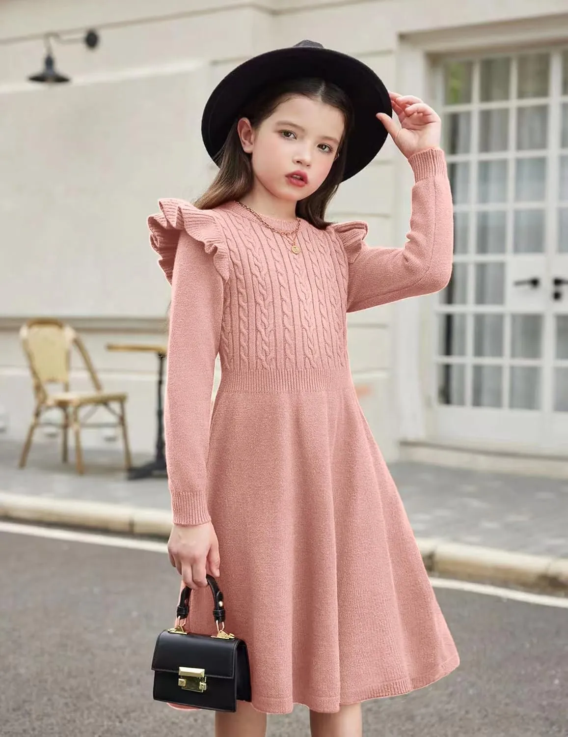 Arshiner Girls Sweater Dress Fall Winter Lantern Long Sleeve Cable Knit Pullover Midi Dresses