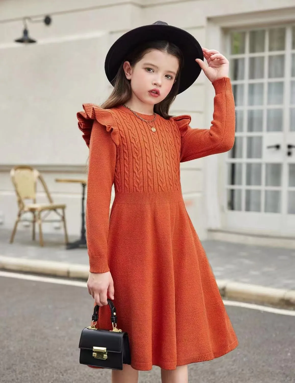 Arshiner Girls Sweater Dress Fall Winter Lantern Long Sleeve Cable Knit Pullover Midi Dresses
