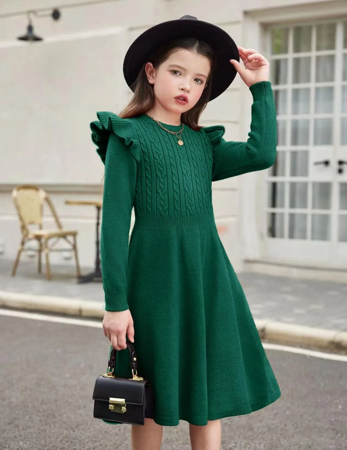 Arshiner Girls Sweater Dress Fall Winter Lantern Long Sleeve Cable Knit Pullover Midi Dresses