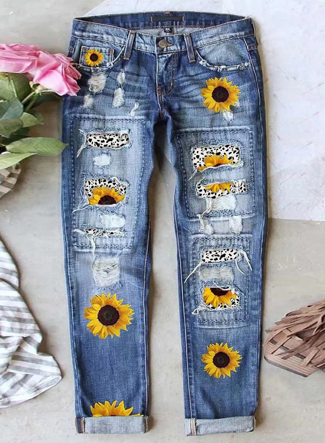 Astylish Womens Plaid Patch Ripped Boyfriend Distressed Stretch Skinny Denim Jeans with Hole