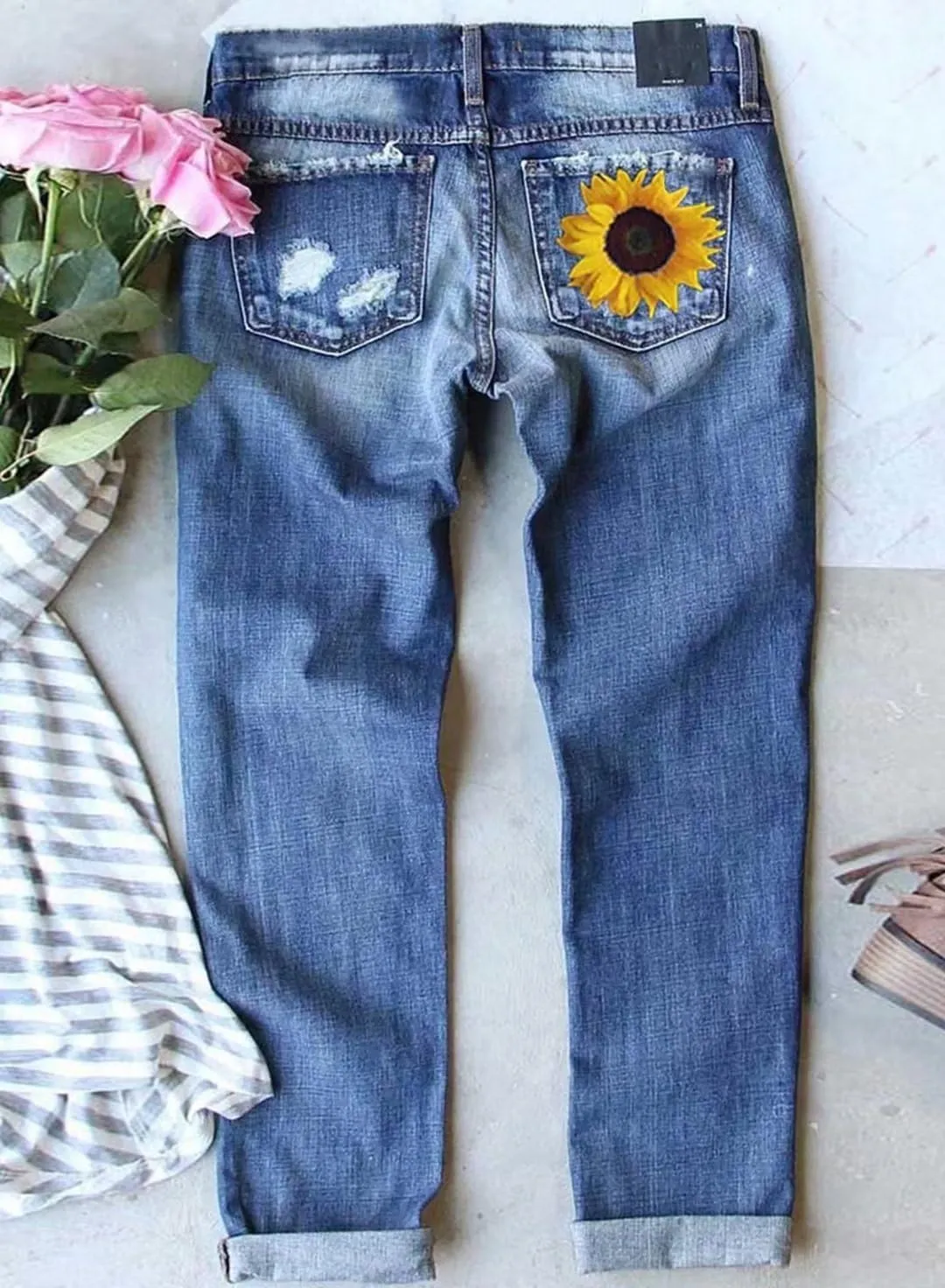Astylish Womens Plaid Patch Ripped Boyfriend Distressed Stretch Skinny Denim Jeans with Hole