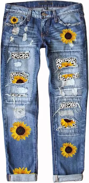 Astylish Womens Plaid Patch Ripped Boyfriend Distressed Stretch Skinny Denim Jeans with Hole