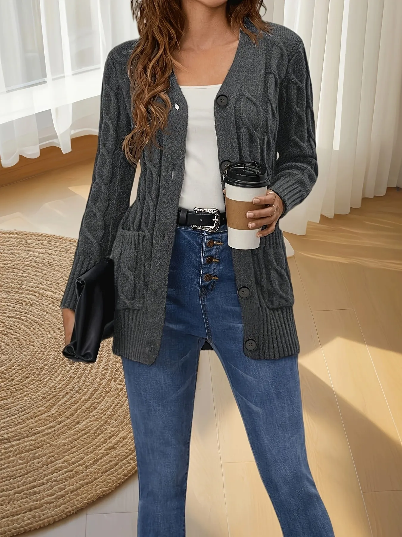 Autumn Women's V-Neck Cardigan - Cozy Knit with Button Detail