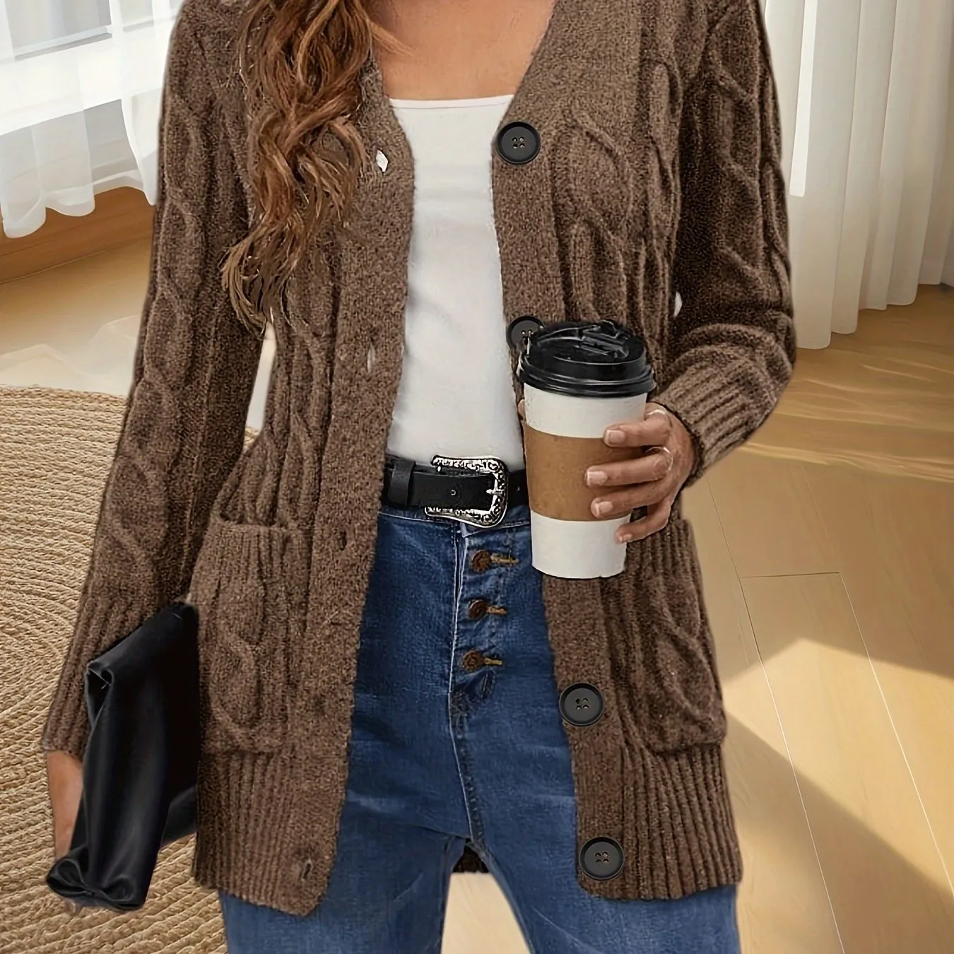Autumn Women's V-Neck Cardigan - Cozy Knit with Button Detail