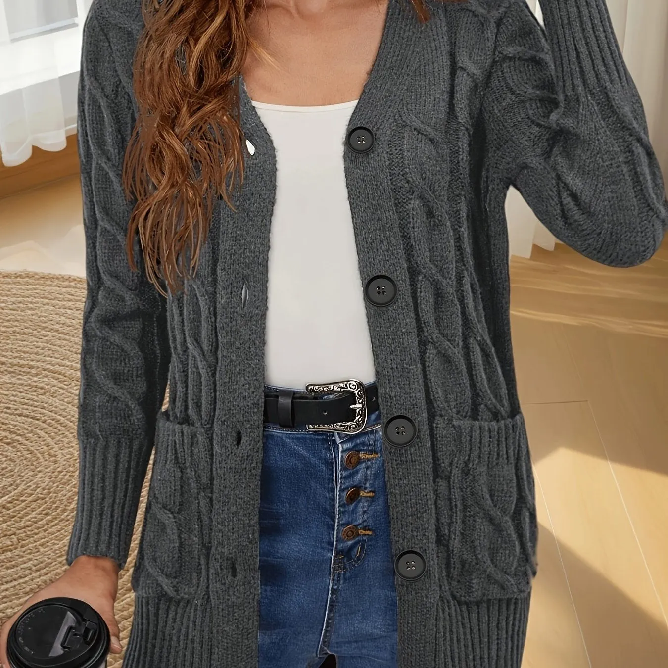 Autumn Women's V-Neck Cardigan - Cozy Knit with Button Detail