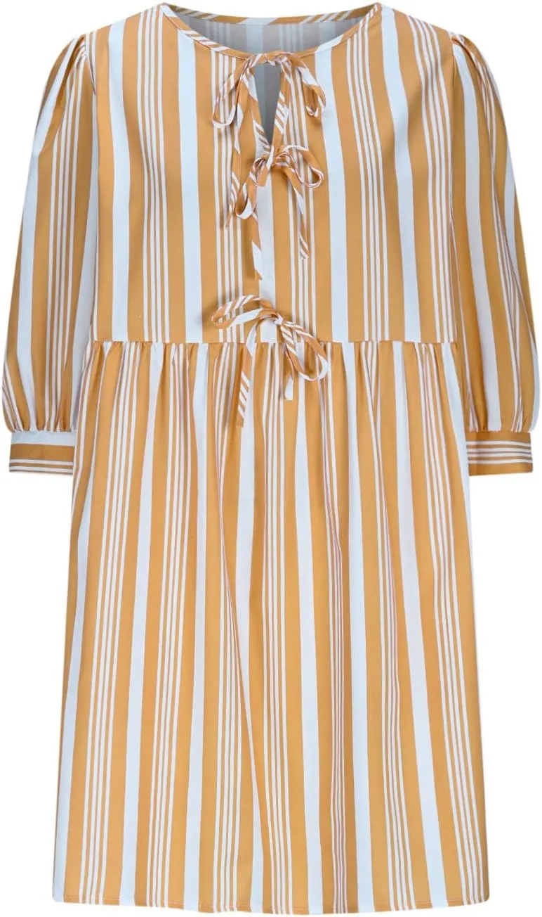 Beach Dress 2025 Women Hollow Out Three Quarter Sleeve Babydoll Dresses Elegant Tie Front Striped Mini Dresses