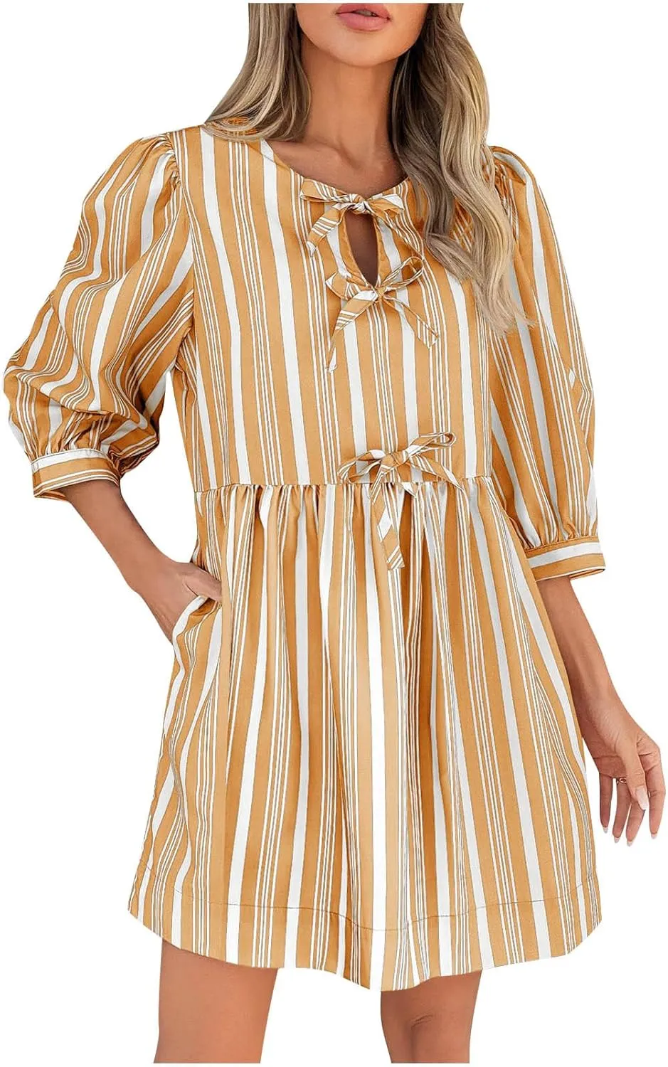 Beach Dress 2025 Women Hollow Out Three Quarter Sleeve Babydoll Dresses Elegant Tie Front Striped Mini Dresses