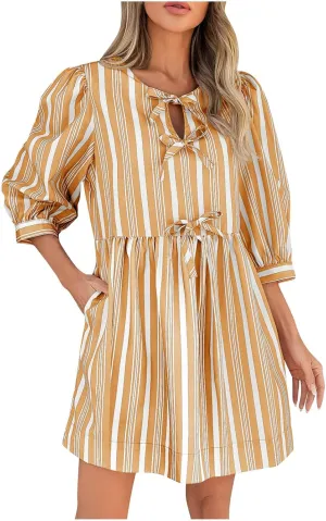 Beach Dress 2025 Women Hollow Out Three Quarter Sleeve Babydoll Dresses Elegant Tie Front Striped Mini Dresses