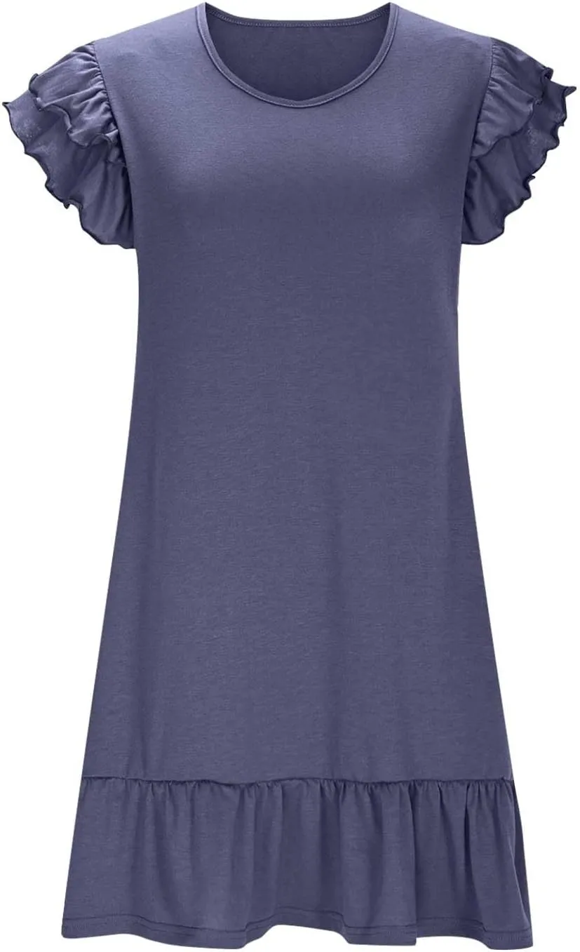 Beach Dresses for Women 2025 Vacation Loose Plain V Neck Mini Dress Comfy Ruffle Sleeve Above Knee Length Tunic Dress