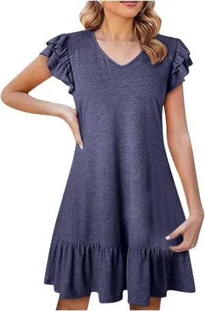 Beach Dresses for Women 2025 Vacation Loose Plain V Neck Mini Dress Comfy Ruffle Sleeve Above Knee Length Tunic Dress
