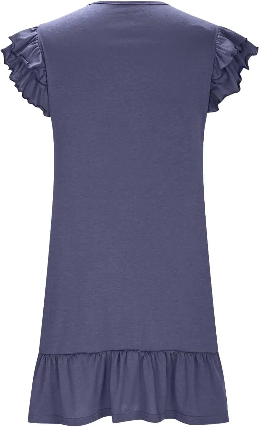 Beach Dresses for Women 2025 Vacation Loose Plain V Neck Mini Dress Comfy Ruffle Sleeve Above Knee Length Tunic Dress