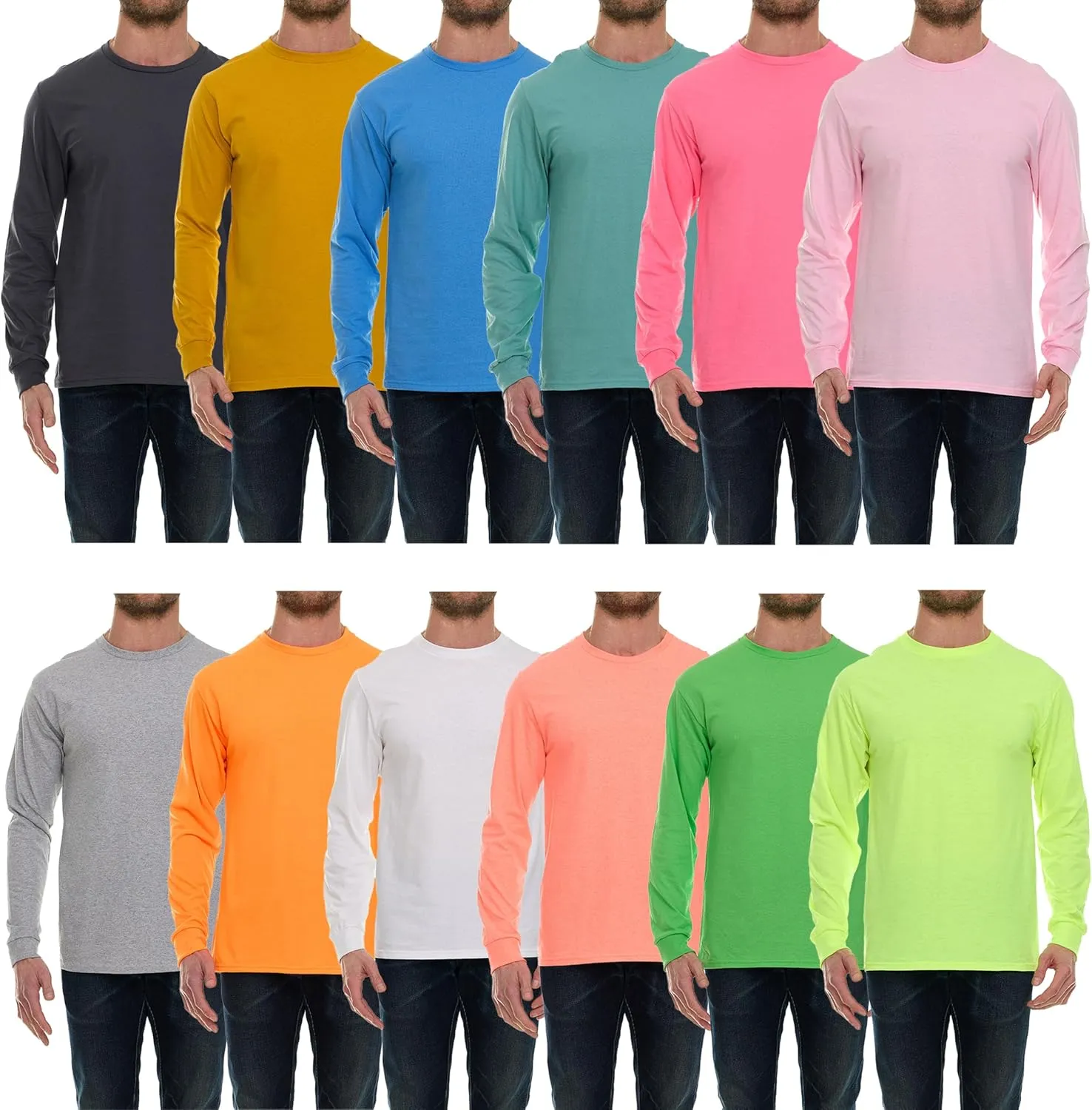 BILLIONHATS Mens Long Sleeve Colorful T-Shirts, 100% Cotton - Crew Neck Bulk Tees for Men, Wholesale Sleeved Tshirt Packs