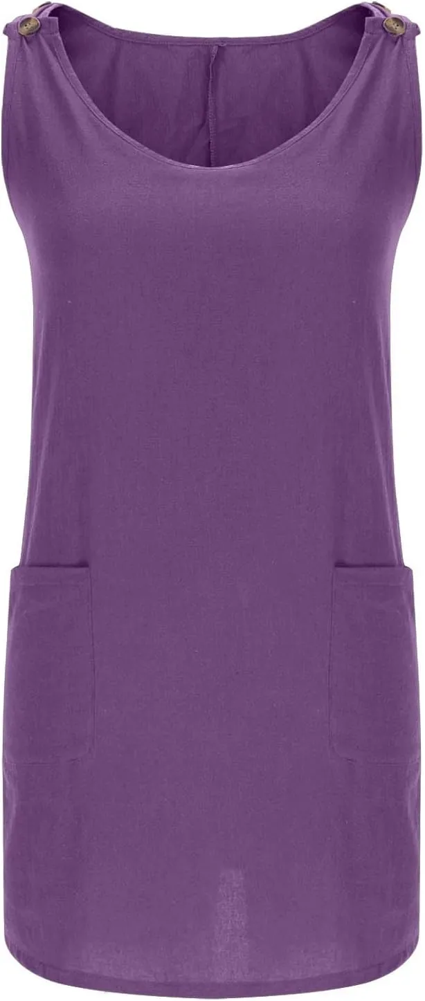 Boho Dress for Women Summer Solid Color Round Neck Sleeveless Mini Dress Casual Button Strap Sundresses with Pockets