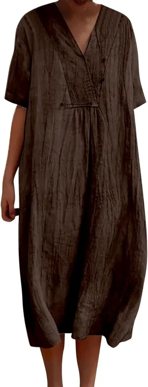 Boho Dresses for Women 2024 Linen Vintage Solid Midi Dress with Pockets V Neck Loose Casual Flowy Summer Beach Dress