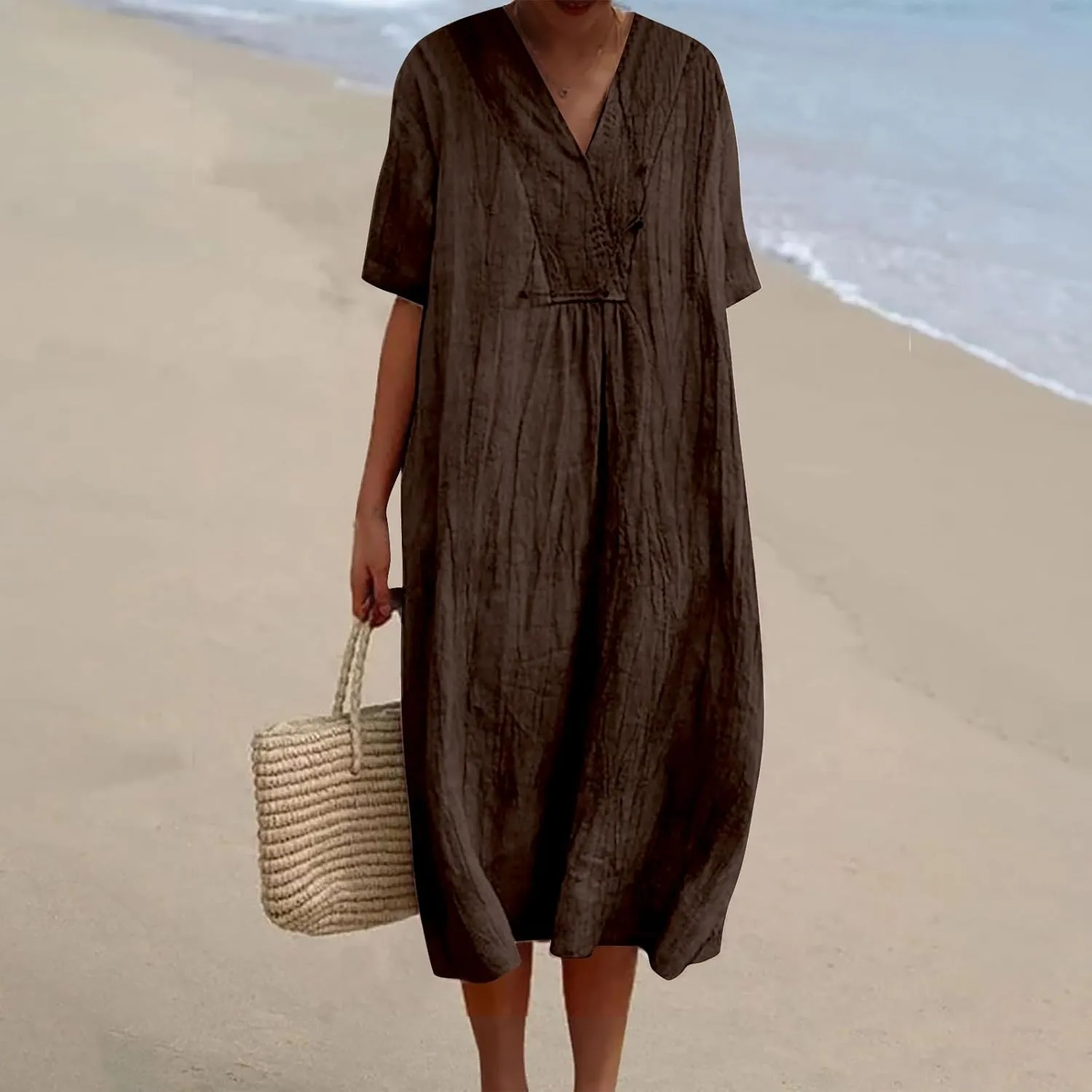 Boho Dresses for Women 2024 Linen Vintage Solid Midi Dress with Pockets V Neck Loose Casual Flowy Summer Beach Dress