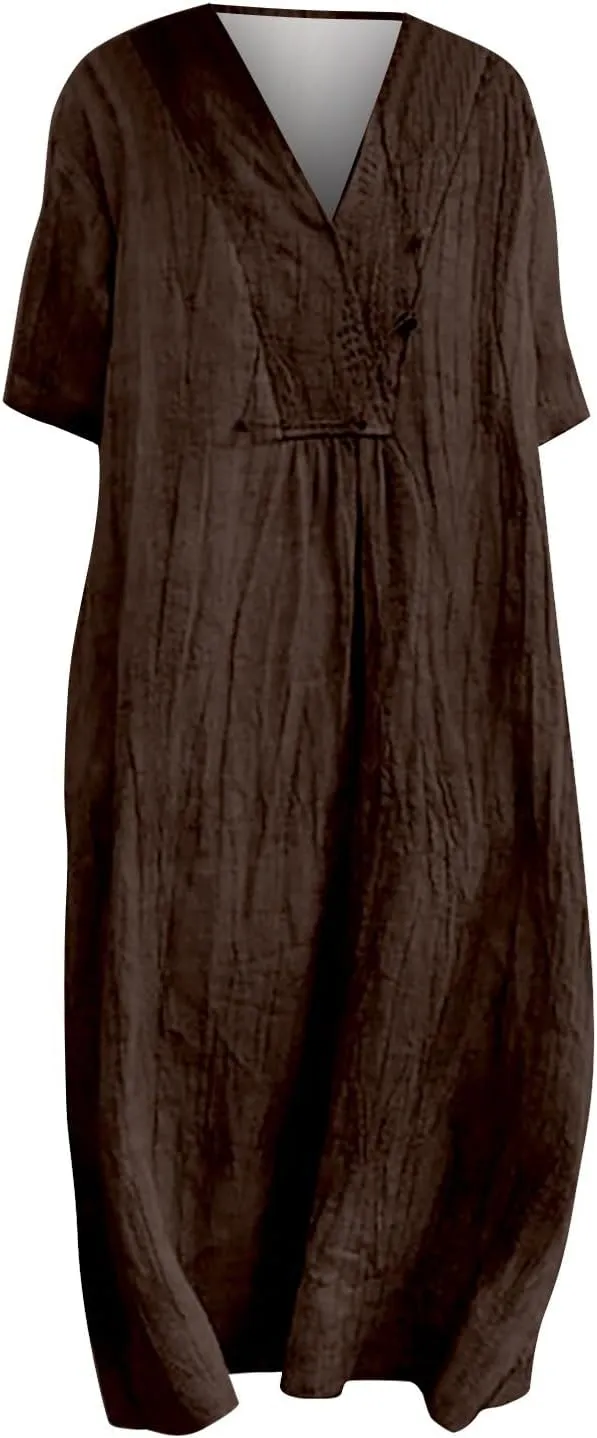 Boho Dresses for Women 2024 Linen Vintage Solid Midi Dress with Pockets V Neck Loose Casual Flowy Summer Beach Dress