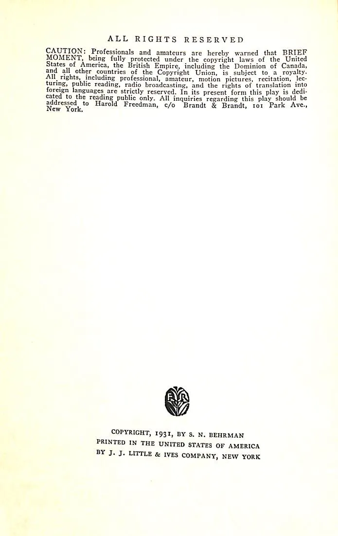 Brief Moment: A Comedy in Three Acts by S.N. Behrman