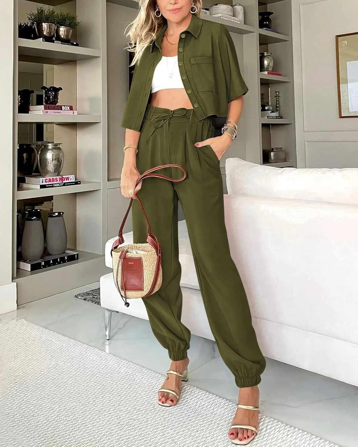 BTFBM Women's 2025 Summer 2 Piece Outfits Tracksuit Short Sleeve Cropped Button Down Shirt Long Pant Lounge Matching Set