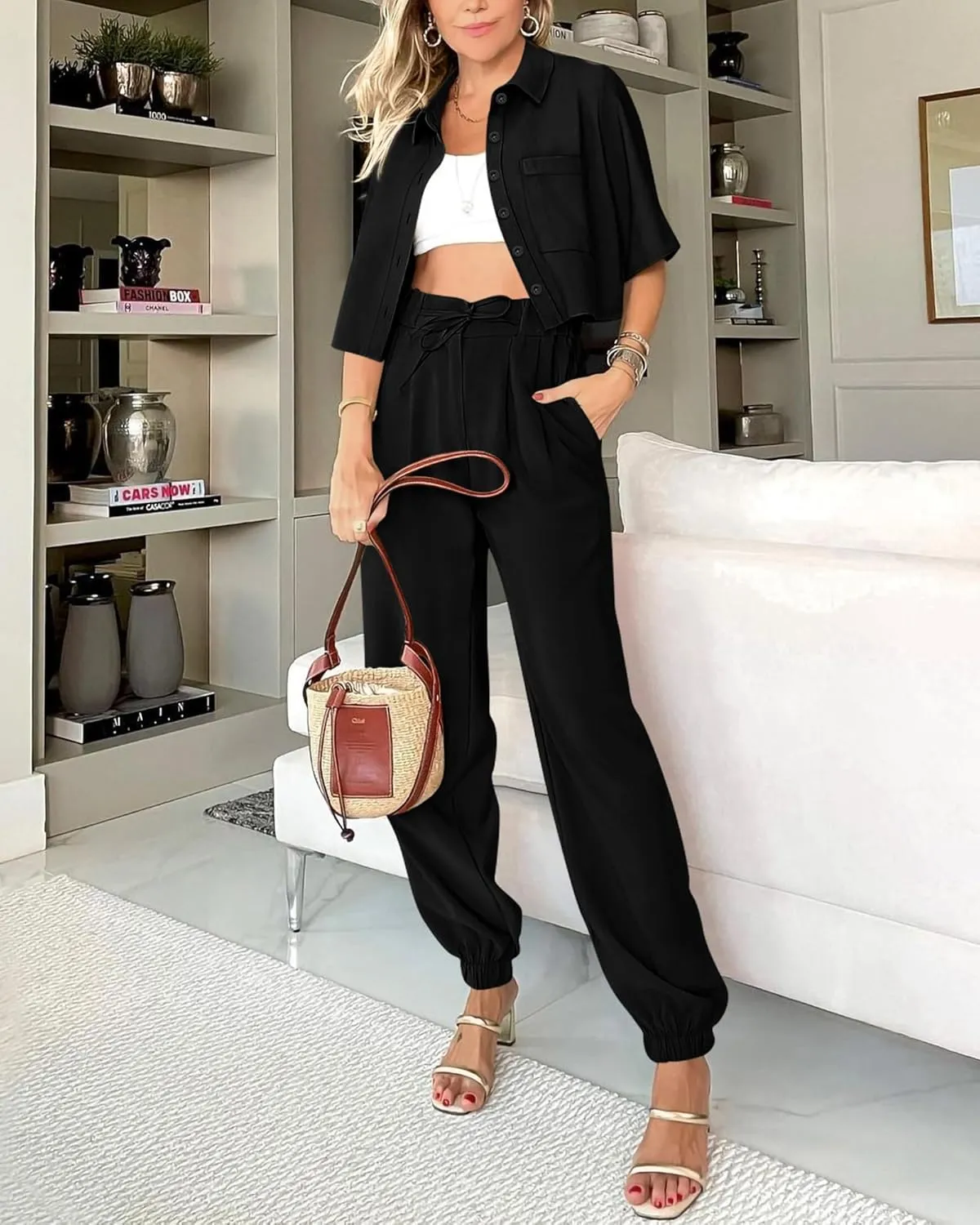 BTFBM Women's 2025 Summer 2 Piece Outfits Tracksuit Short Sleeve Cropped Button Down Shirt Long Pant Lounge Matching Set