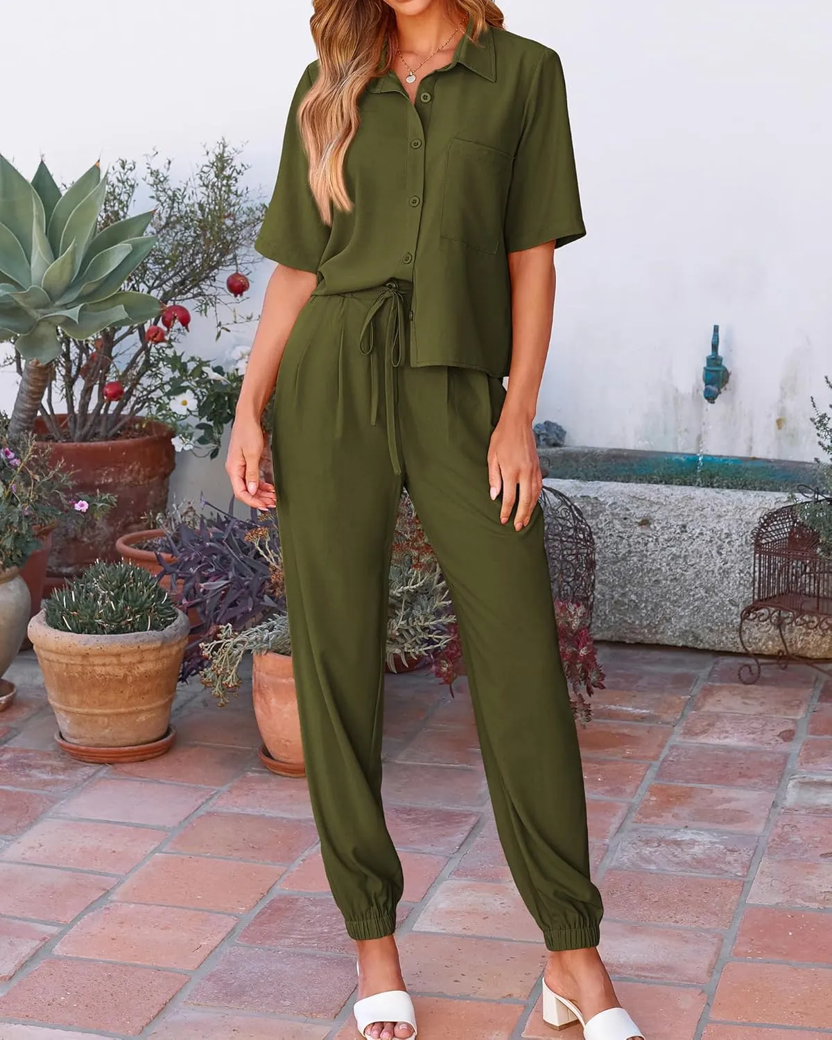 BTFBM Women's 2025 Summer 2 Piece Outfits Tracksuit Short Sleeve Cropped Button Down Shirt Long Pant Lounge Matching Set