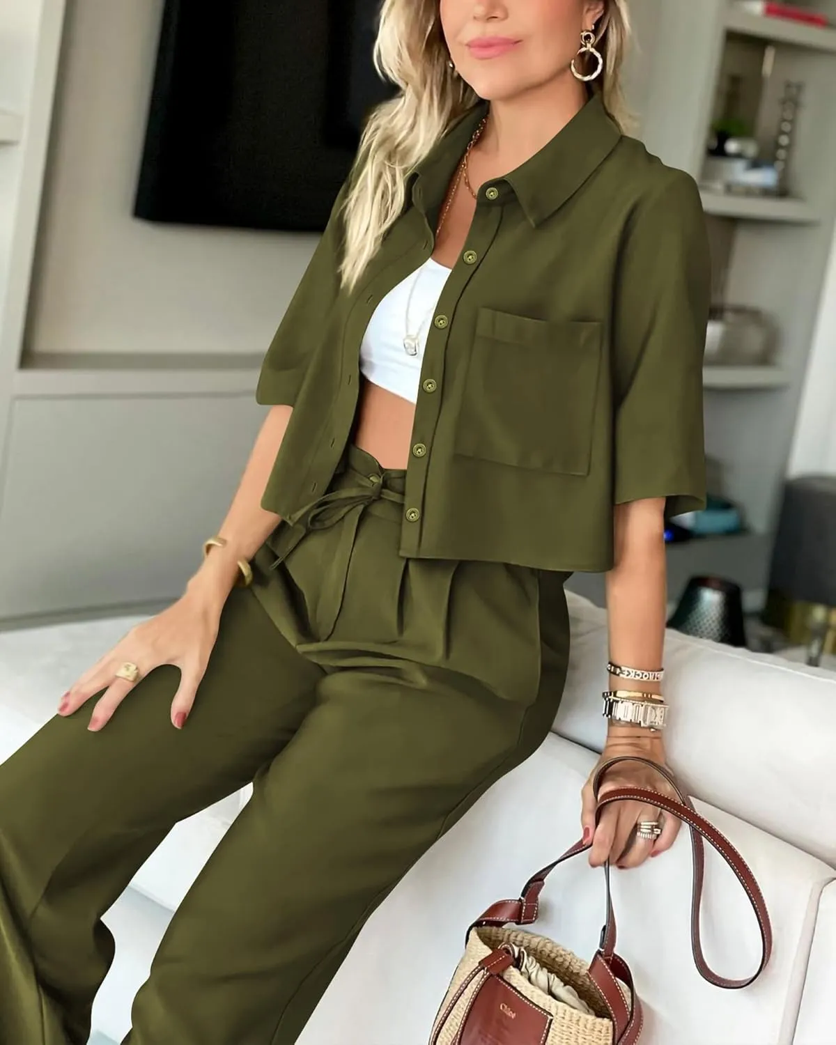 BTFBM Women's 2025 Summer 2 Piece Outfits Tracksuit Short Sleeve Cropped Button Down Shirt Long Pant Lounge Matching Set
