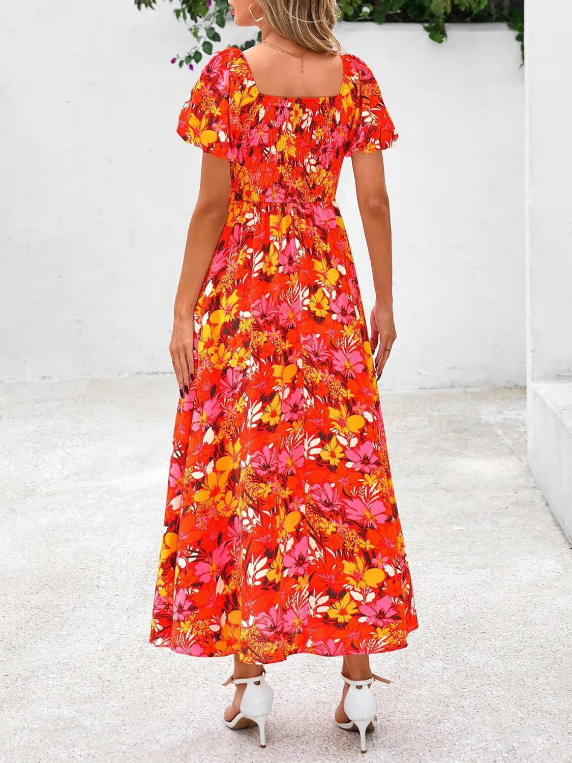 BTFBM Womens Summer 2025 Casual Maxi Dresses Short Sleeve Smocked Tiered Floral Boho Long Beach Dress with Pockets