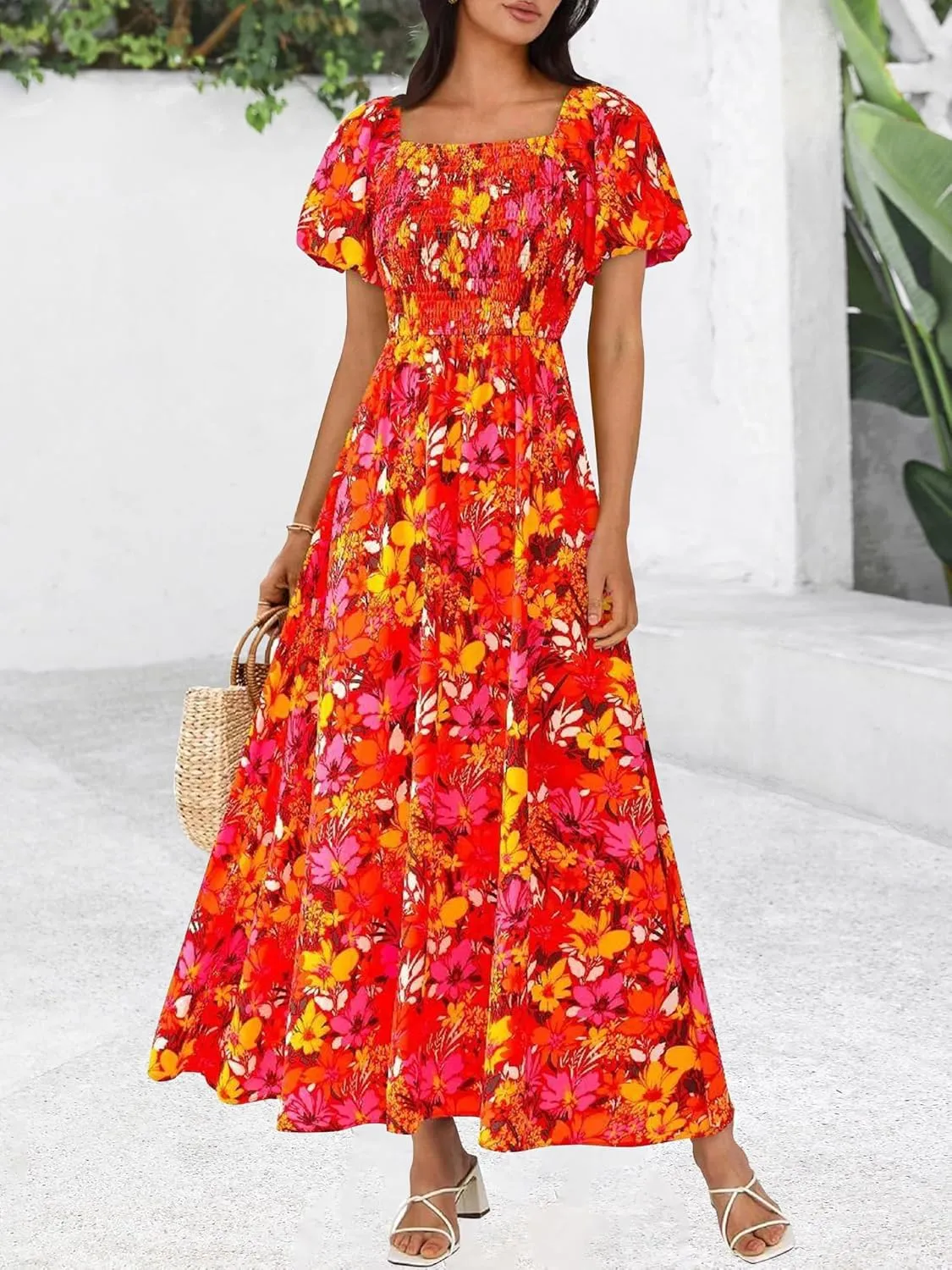 BTFBM Womens Summer 2025 Casual Maxi Dresses Short Sleeve Smocked Tiered Floral Boho Long Beach Dress with Pockets