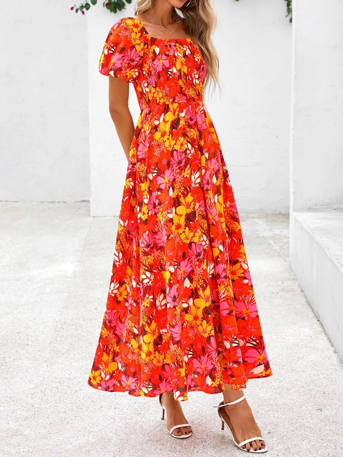 BTFBM Womens Summer 2025 Casual Maxi Dresses Short Sleeve Smocked Tiered Floral Boho Long Beach Dress with Pockets