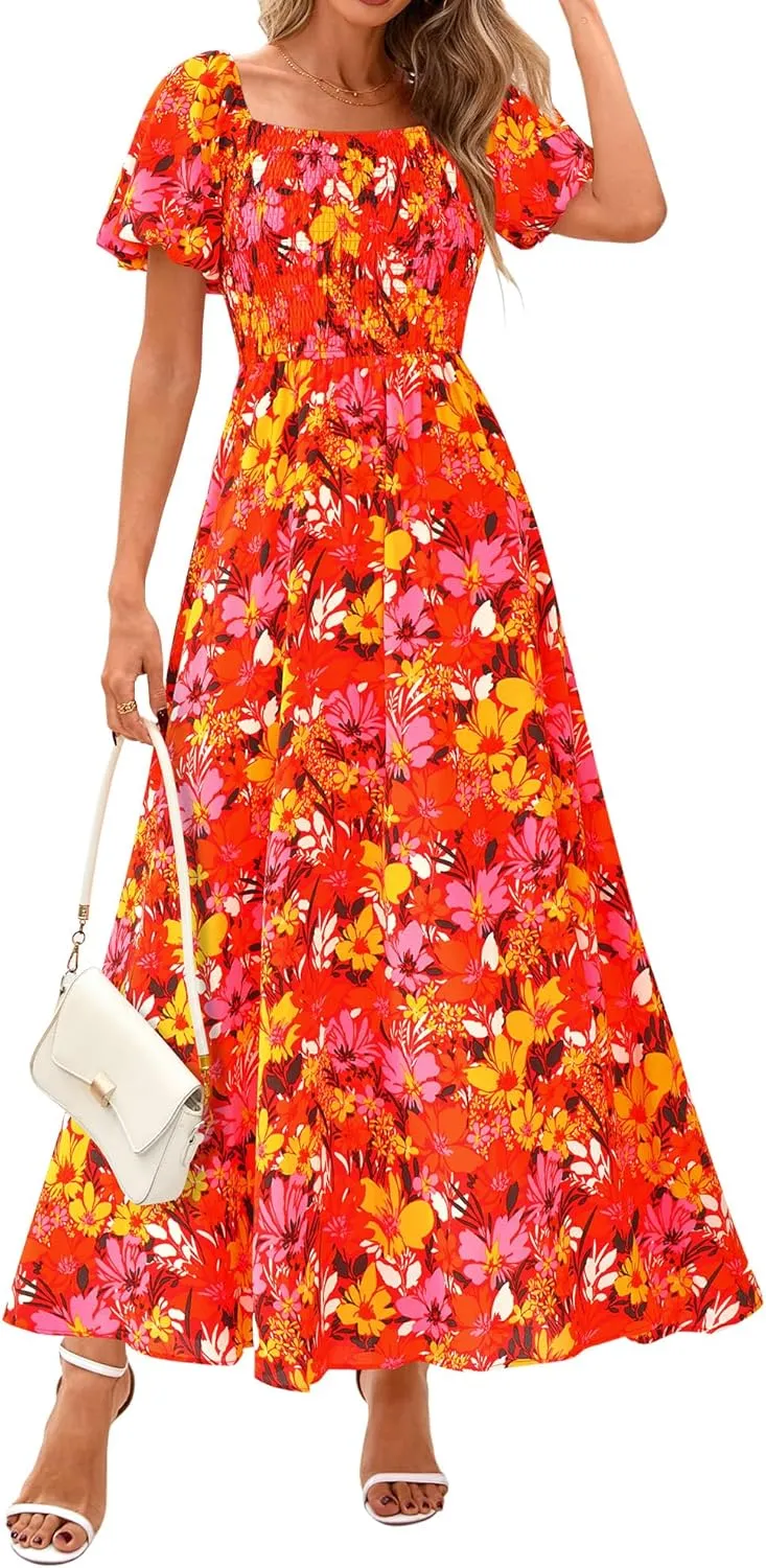BTFBM Womens Summer 2025 Casual Maxi Dresses Short Sleeve Smocked Tiered Floral Boho Long Beach Dress with Pockets