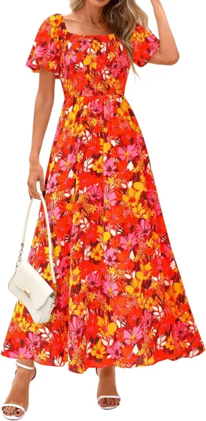 BTFBM Womens Summer 2025 Casual Maxi Dresses Short Sleeve Smocked Tiered Floral Boho Long Beach Dress with Pockets