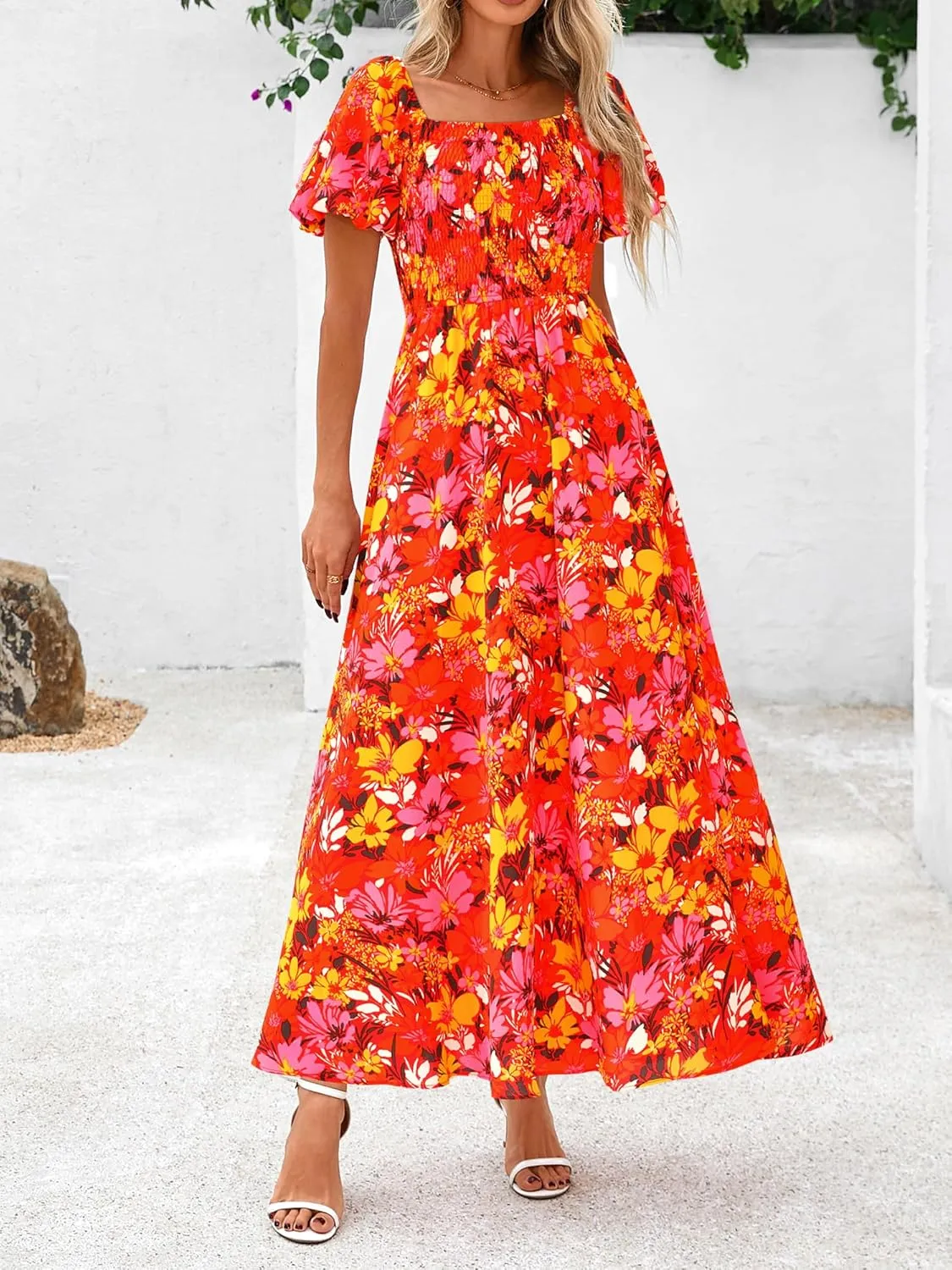 BTFBM Womens Summer 2025 Casual Maxi Dresses Short Sleeve Smocked Tiered Floral Boho Long Beach Dress with Pockets