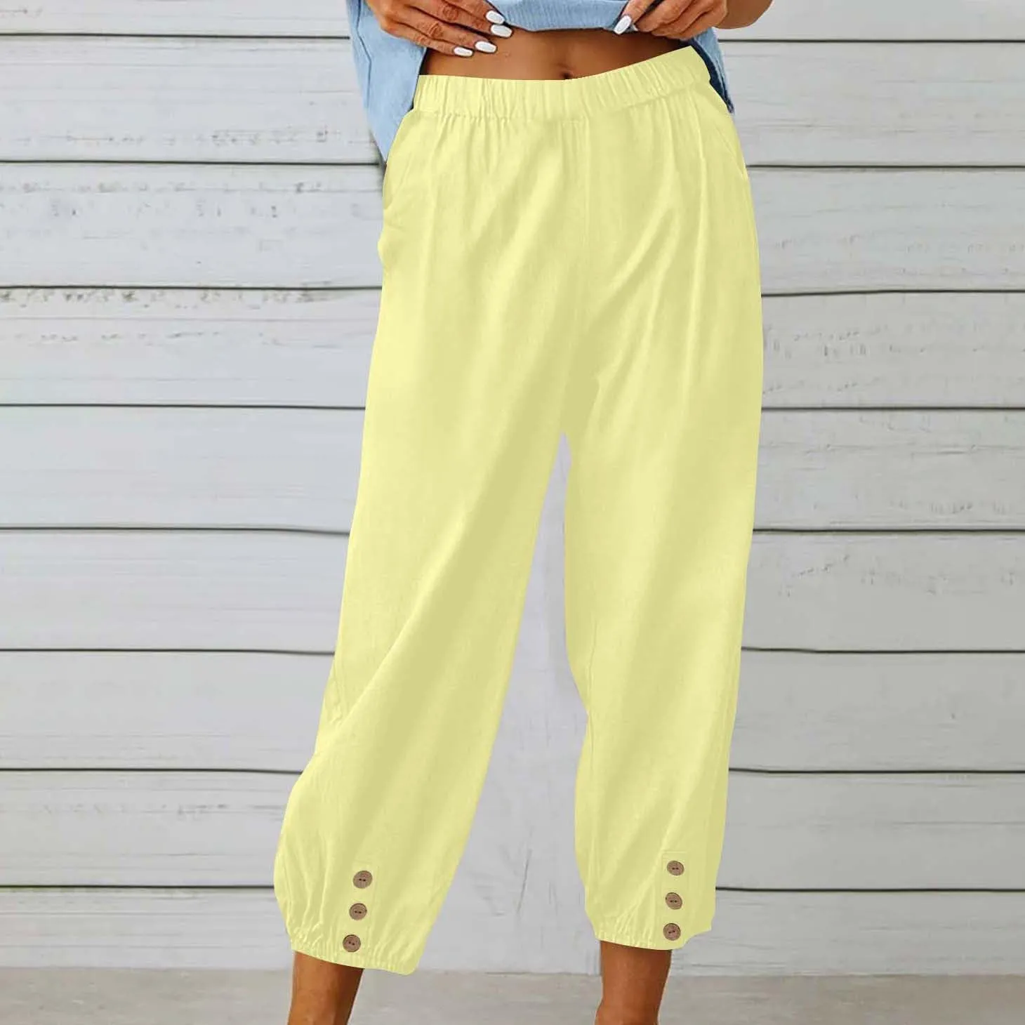 Capri Pants Women Summer Linen Pants Drawstring Comfy High Elastic Casual Loose Trousers with Front Pockets