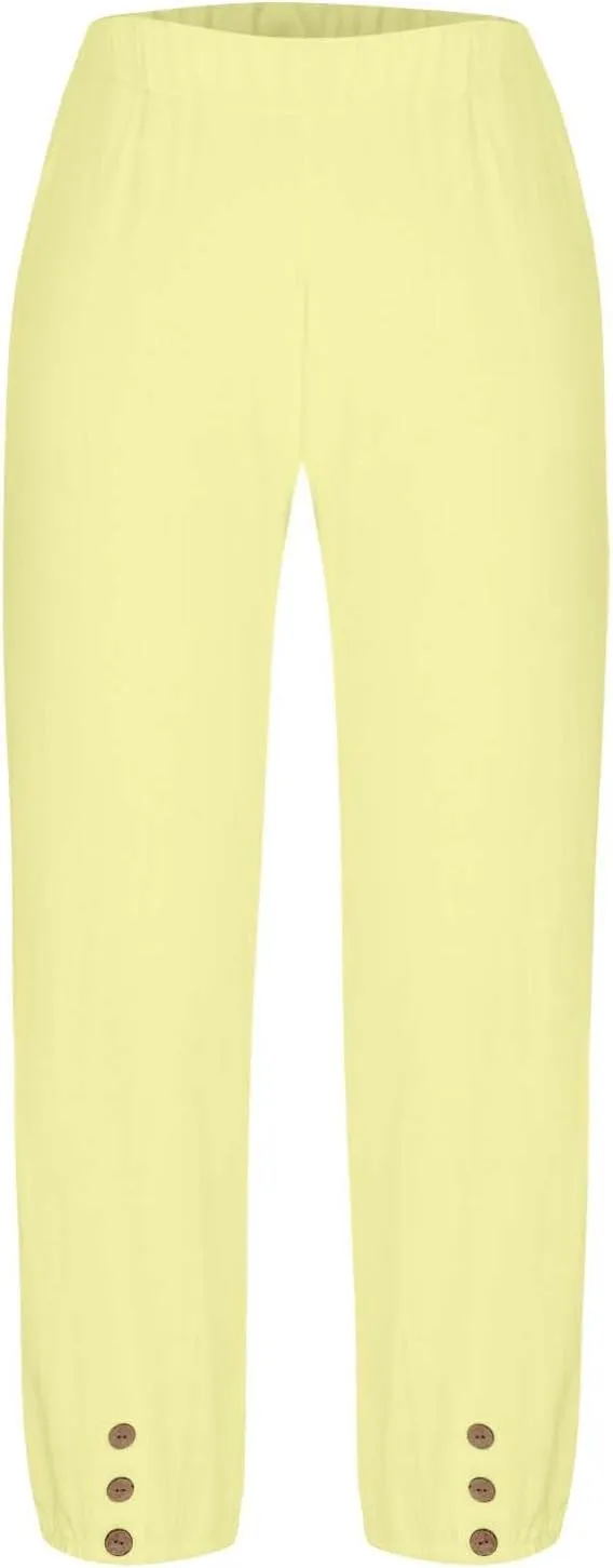 Capri Pants Women Summer Linen Pants Drawstring Comfy High Elastic Casual Loose Trousers with Front Pockets