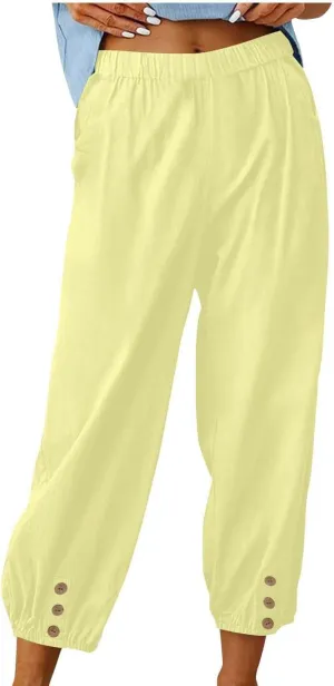 Capri Pants Women Summer Linen Pants Drawstring Comfy High Elastic Casual Loose Trousers with Front Pockets