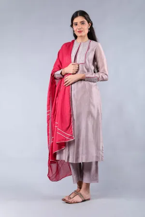 Chanderi Handloom Kurta and Pant in Mauve, Maroon Cotton Dupatta, with Gota work (set of 3)
